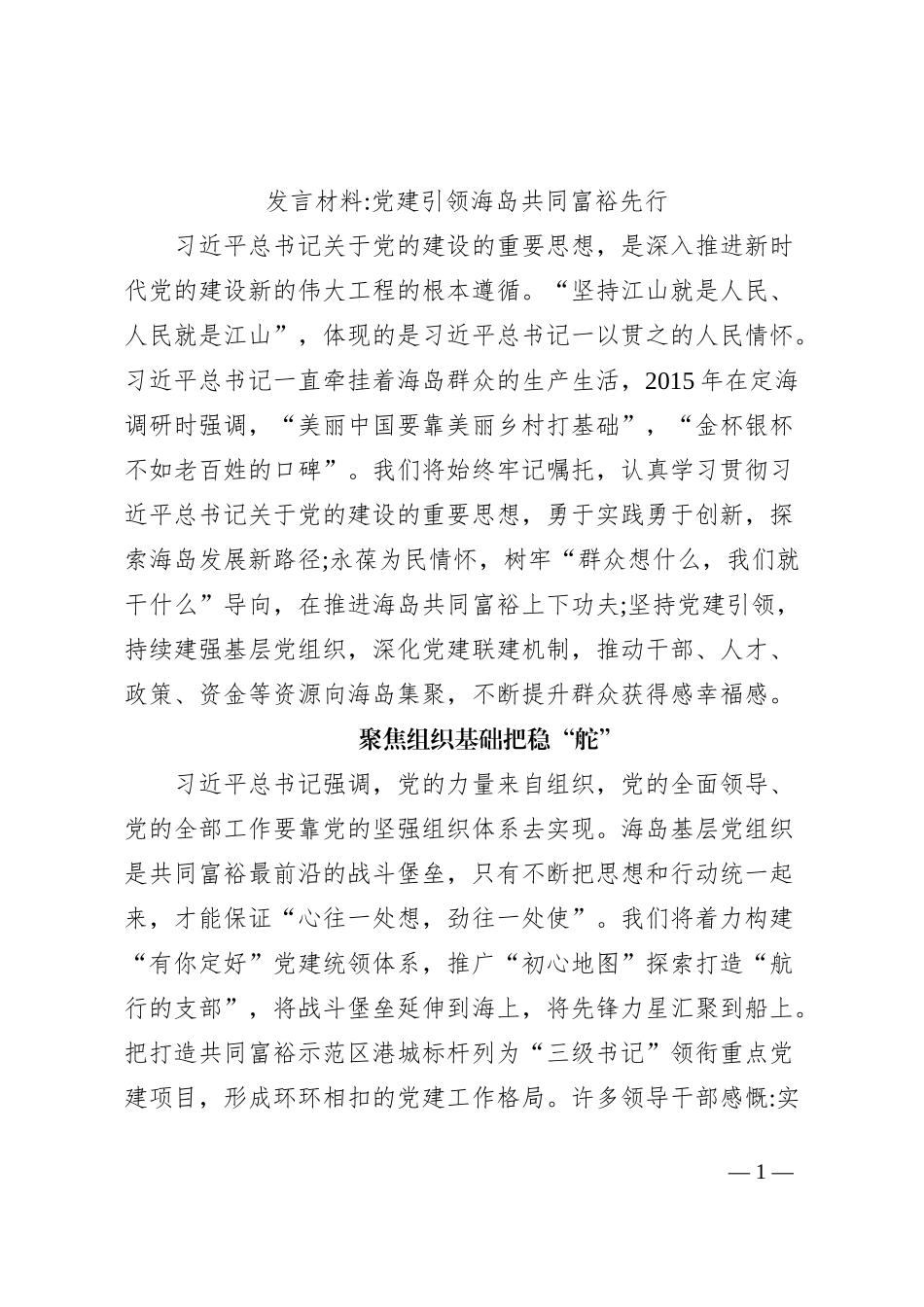 发言材料党建引领海岛共同富裕先行_第1页