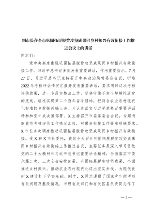 副市长在全市巩固拓展脱贫攻坚成果同乡村振兴有效衔接工作推进会议上的讲话
