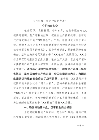 工作汇报：牢记“国之大者”　守护粮食安全
