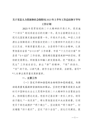 关于某县人力资源和社会保障局2023年上半年工作总结和下半年工作计划