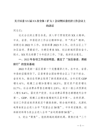 关于区委XX届XX次全体（扩大）会议暨区委经济工作会议上的讲话