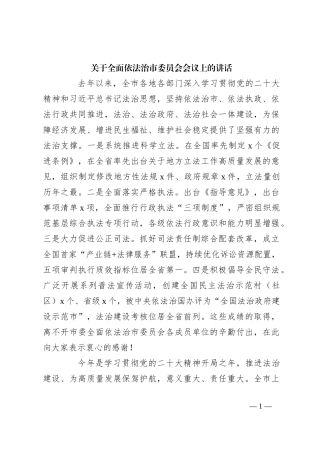 关于全面依法治市委员会会议上的讲话