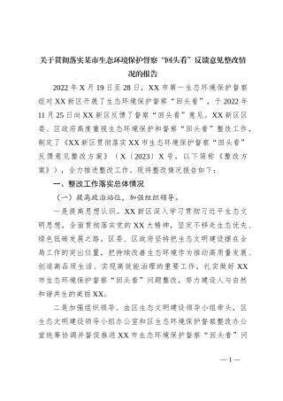 关于贯彻落实某市生态环境保护督察“回头看”反馈意见整改情况的报告
