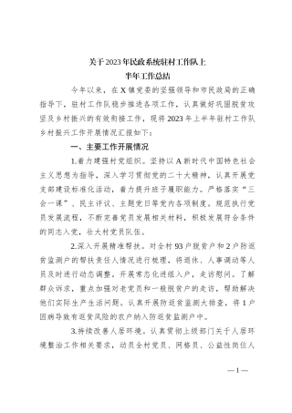 关于2023年民政系统驻村工作队上半年工作总结