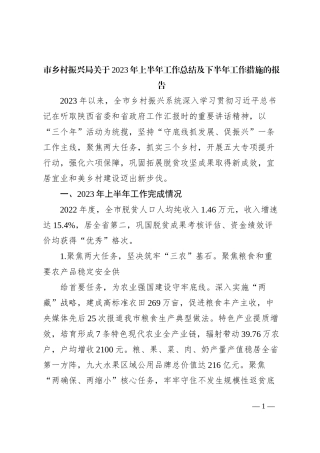 市乡村振兴局关于2023年上半年工作总结及下半年工作措施的报告
