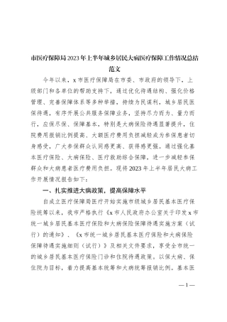 市医疗保障局2023年上半年城乡居民大病医疗保障工作总结（汇报报告）