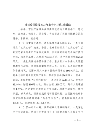市医疗保障局2023年上半年主要工作总结