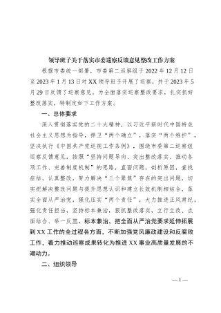 领导班子关于落实市委巡察反馈意见整改工作方案