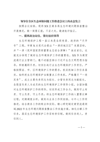 领导在全区生态环保问题工作推进会议上的表态发言