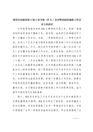 领导在市政府第X届X次全体（扩大）会议暨市政府廉政工作会议上的讲话