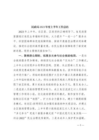 民政局2023年度上半年工作总结