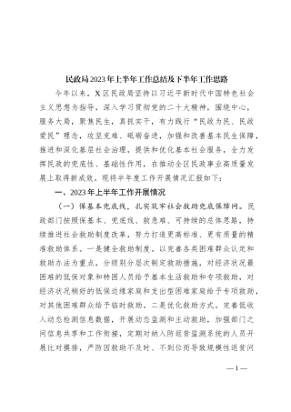 民政局2023年上半年工作总结及下半年工作思路