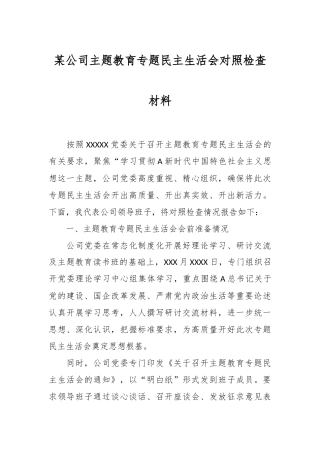 某公司主 题教育专题民主生活会对照检查材料