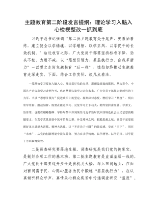 主题教育第二阶段发言提纲：理论学习入脑入心    检视整改一抓到底