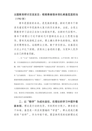 主题教育研讨交流发言：砥砺青春强本领扎根基层显担当
