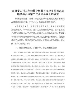 在县委农村工作领导小组暨县实施乡村振兴战略领导小组第二次全体会议上的发言