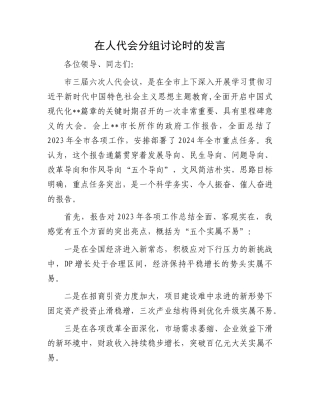在人代会分组讨论时的发言