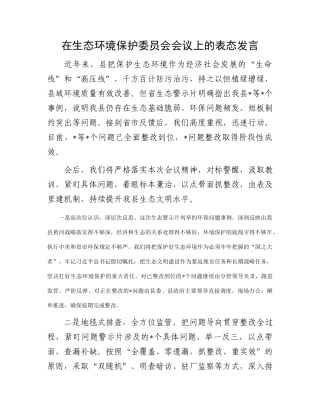 在生态环境保护委员会会议上的表态发言