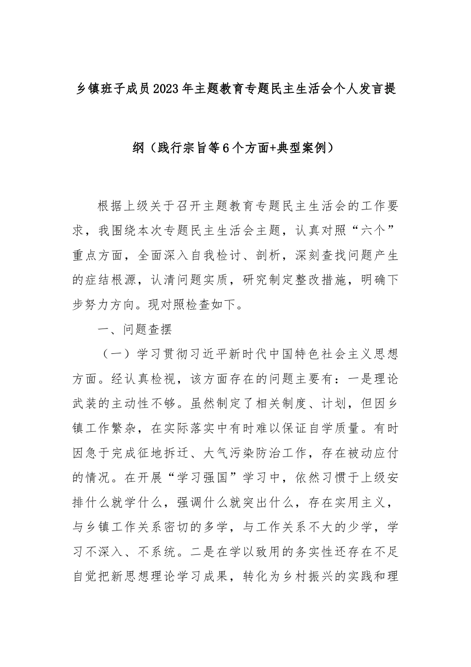 乡镇班子成员2023年主题教育专题民主生活会个人发言提纲（践行宗旨等6个方面+典型案例）_第1页
