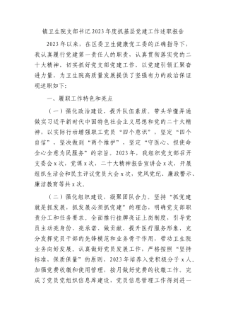 乡镇卫生院支部书记2023年度抓党建工作述职报告1900字