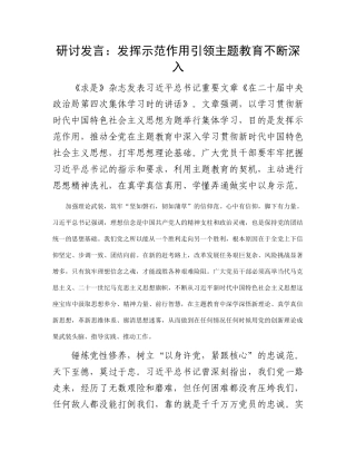 研讨发言：发挥示范作用  引领主题教育不断深入