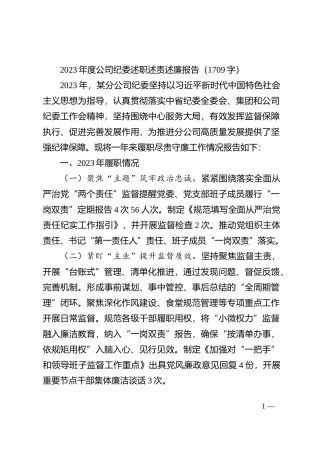 2023年度国企纪委述职述责述廉报告