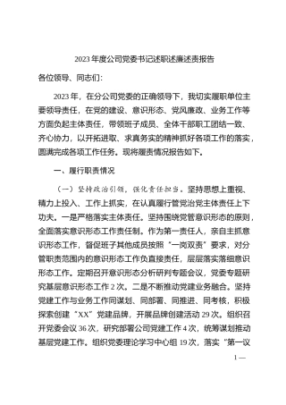 2023年度国企书记述职述廉述责报告2000字