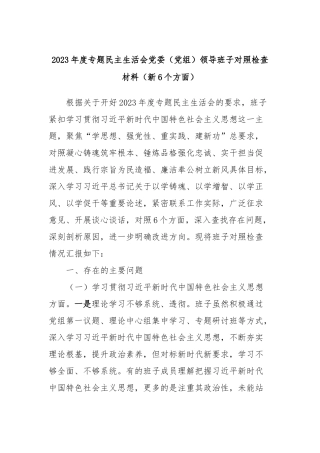 2023年度专题民主生活会党委（党组）领导班子对照检查材料（新6个方面）