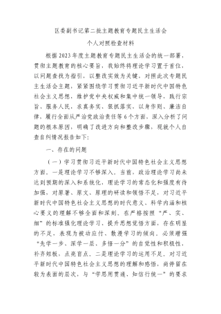 2023年主题教育专题民主生活会个人对照检查  区委副书记（践行宗旨等6个方面+案例剖析+上年度整改+个人事项）
