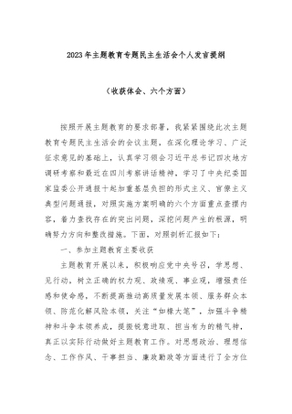 2023年主题教育专题民主生活会个人发言提纲（收获体会、六个方面）