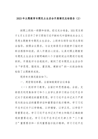 2023年主题教育专题民主生活会开展情况总结报告（2）