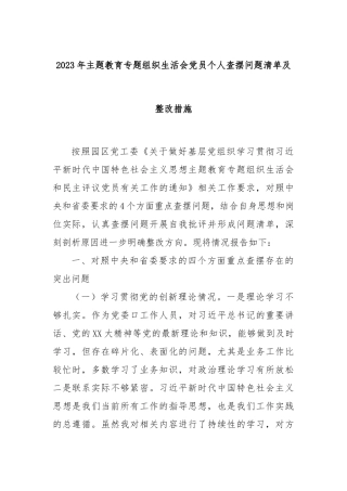 2023年主题教育专题组织生活会党员个人查摆问题清单及整改措施