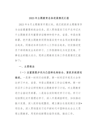 2023年主题教育总体进展情况汇报
