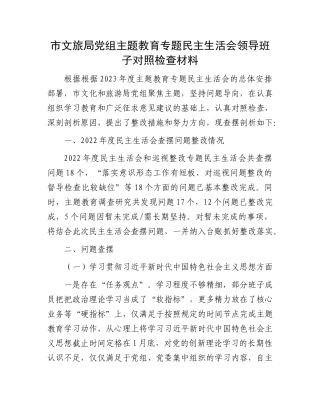 市文旅局党组主题教育专题民主生活会领导班子对照检查材料
