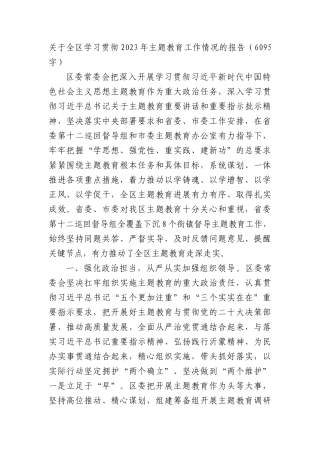 全区学习贯彻2023年主题教育工作情况的报告