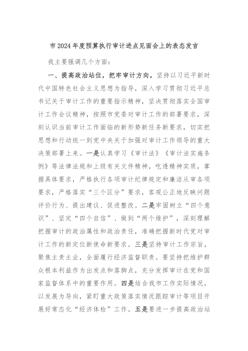 市2024年度预算执行审计进点见面会上的表态发言_第1页