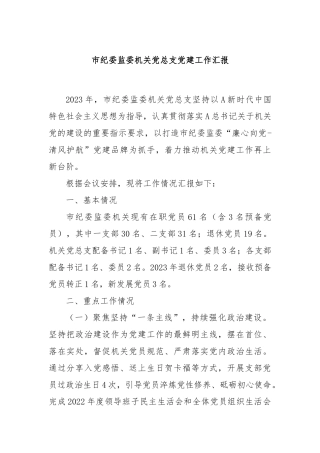 市纪委监委机关党总支党建工作汇报