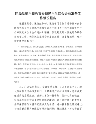 区局党组主题教育专题民主生活会会前准备工作情况报告