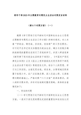 领导干部2023年主题教育专题民主生活会对照发言材料（新6个对照方面）（一）