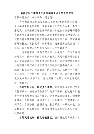 落实政府工作报告任务分解部署会上的表态发言