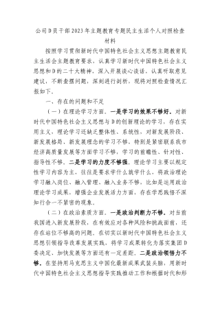 公司党员干部2023年主题教育专题民主生活个人对照检查材料(1)