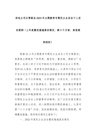 供电公司分管副总2023年主题教育专题民主生活会个人发言提纲（上年度整改措施落实情况、新六个方面、典型案例剖析）