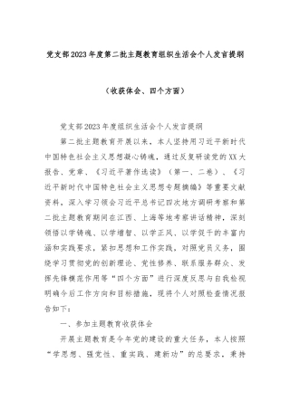 党支部2023年度第二批主题教育组织生活会个人发言提纲（收获体会、四个方面）