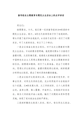 督导组在主题教育专题民主生活会上的点评讲话