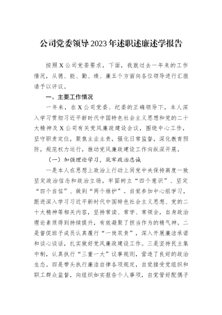 公司党委领导2023年述职述廉述学报告