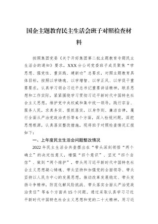 国企主题教育民主生活会班子对照检查材料
