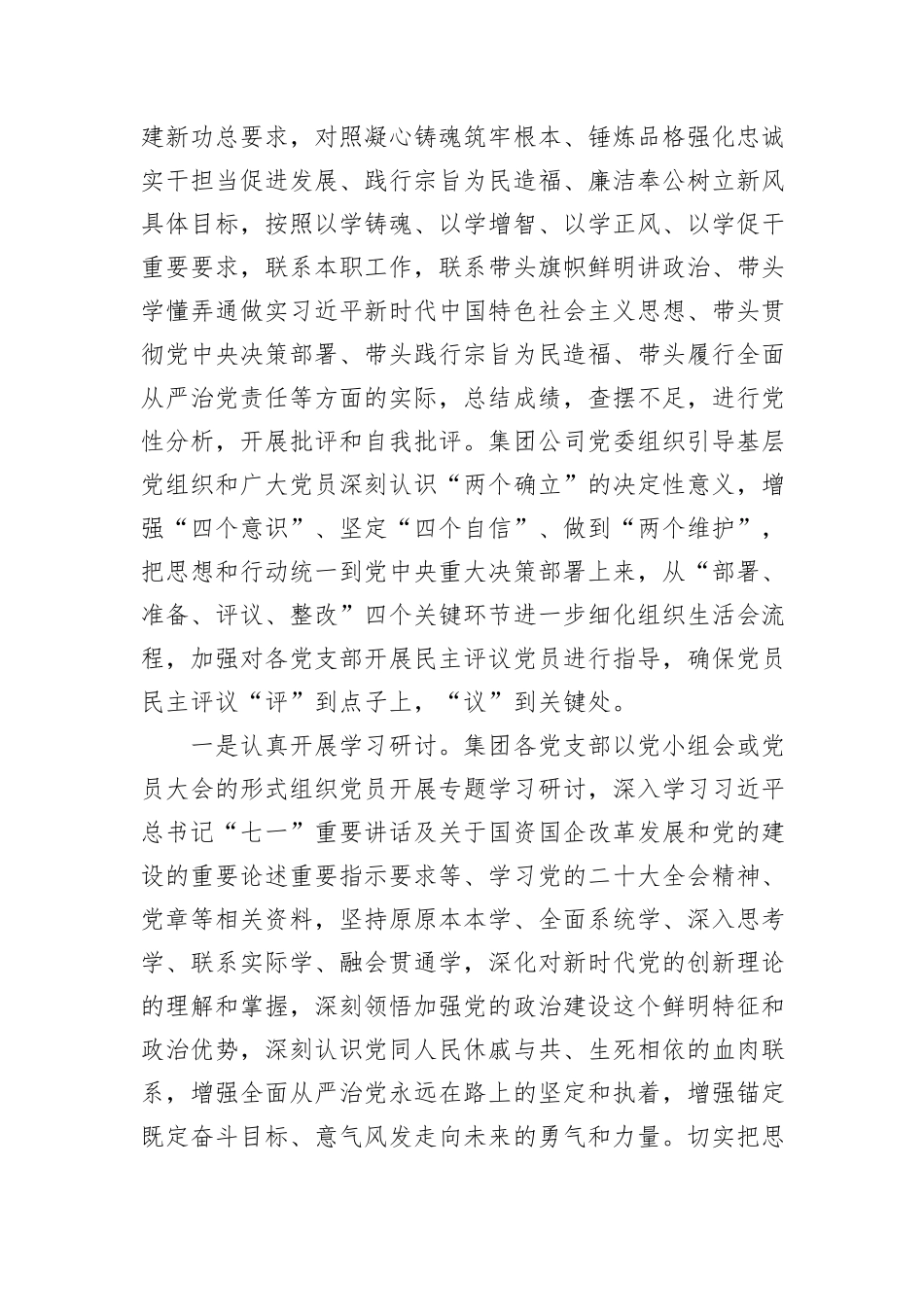 集团公司2023年度基层党支部组织生活会暨民主评议党员情况总结_第2页