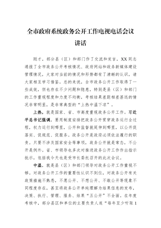 全市政府系统政务公开工作电视电话会议讲话