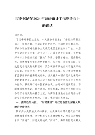 市委书记在2024年调研审计工作座谈会上的讲话