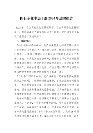 国有企业中层干部2024年述职报告